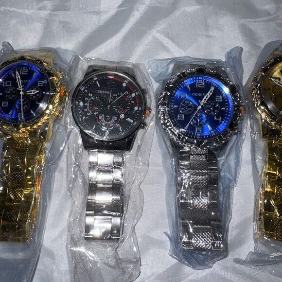 6 Geneva Luxury Watches, Mens Chronograph Gold Silver Blue White Gift New main image 9
